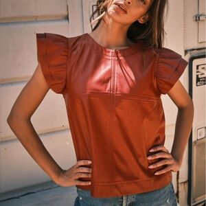 Ces Femme (M) Brown Faux Leather Ruffle Short Sleeve Blouse Top- Vegan Leather